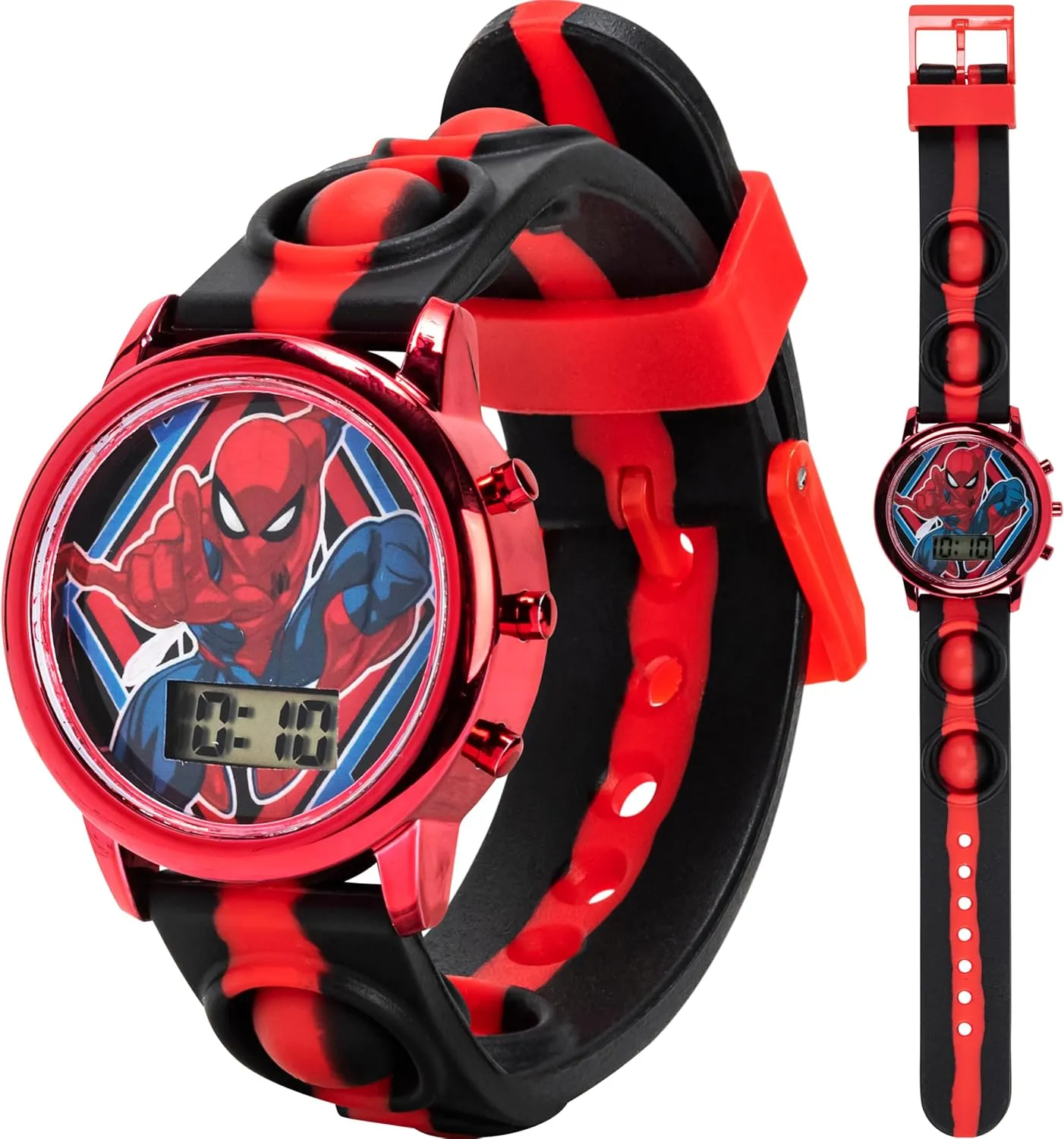 Accutime Marvel Spiderman Kids Digital LCD Wrist-Watch with Red, Green, and Yellow LED Light Show and Popper Strap for Boys, Girls, and Toddlers - Perfect for Learning Time and Fun