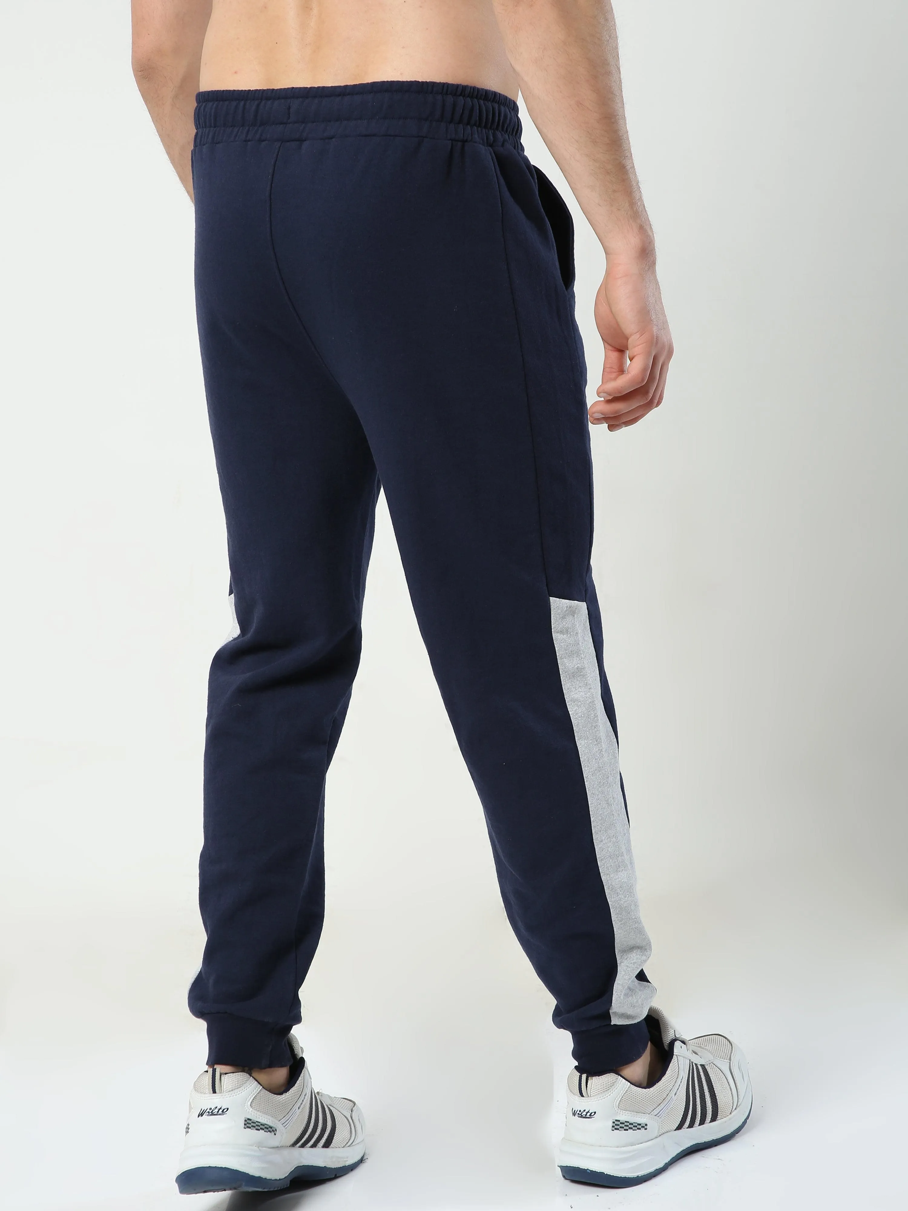 All Day Comfy Men's Cotton Joggers - Navy with Melange Side Panel