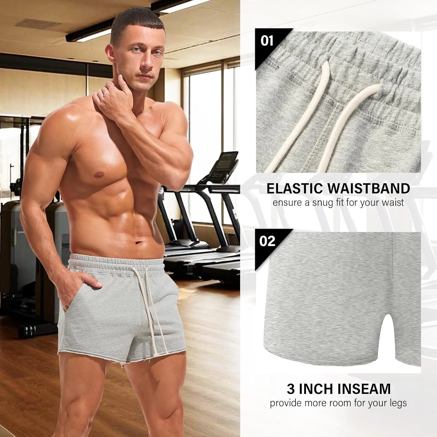 AMY COULEE Mens Workout Shorts 3 inch Cotton Gym Shorts Casual Terry Shorts with Pockets
