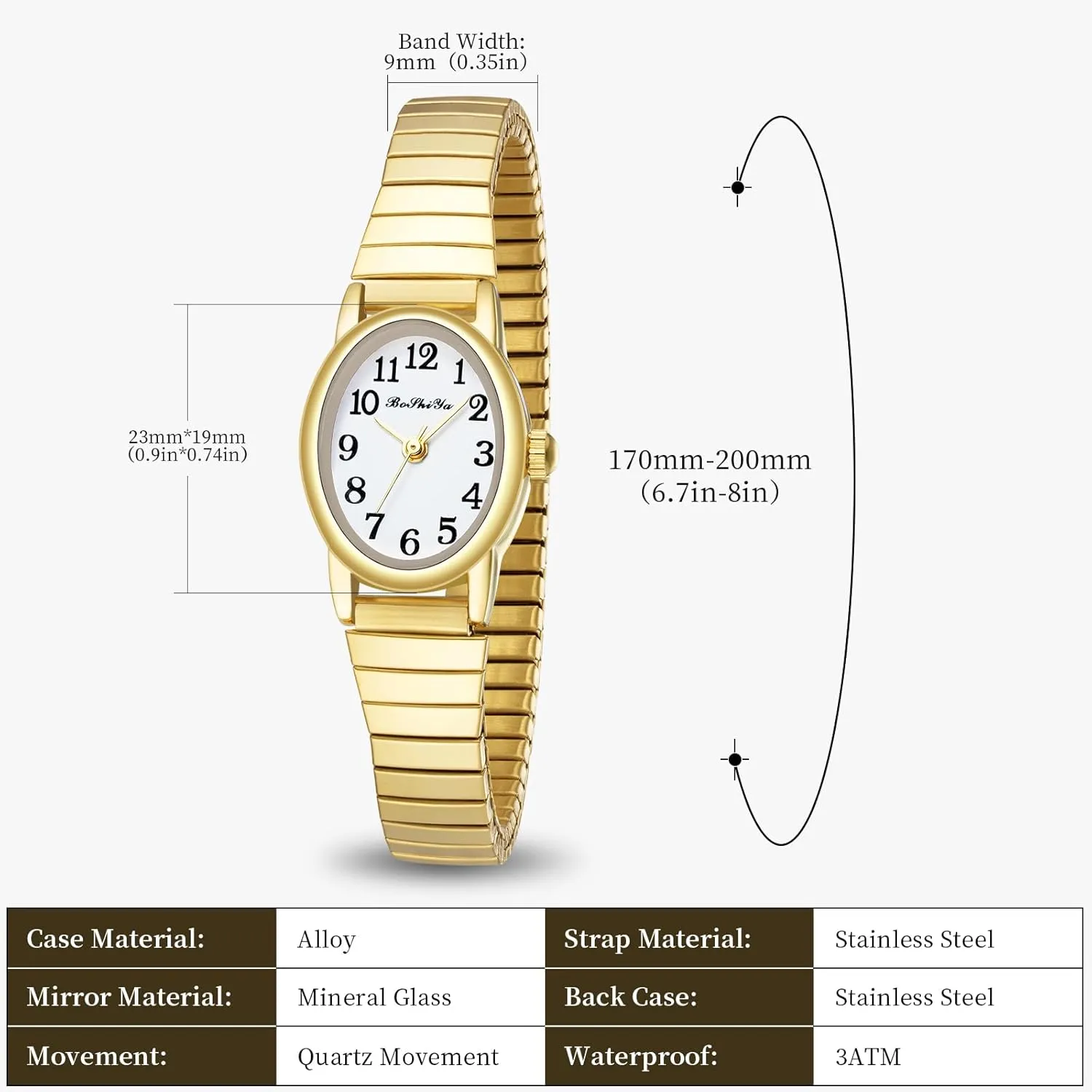 BOSHIYA Quartz Women's Easy Reader 23mm Stainless Steel Expansion Band Watchs for Small Wrist (Gold/Silver)