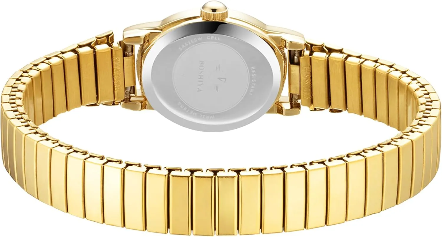 BOSHIYA Quartz Women's Easy Reader 23mm Stainless Steel Expansion Band Watchs for Small Wrist (Gold/Silver)
