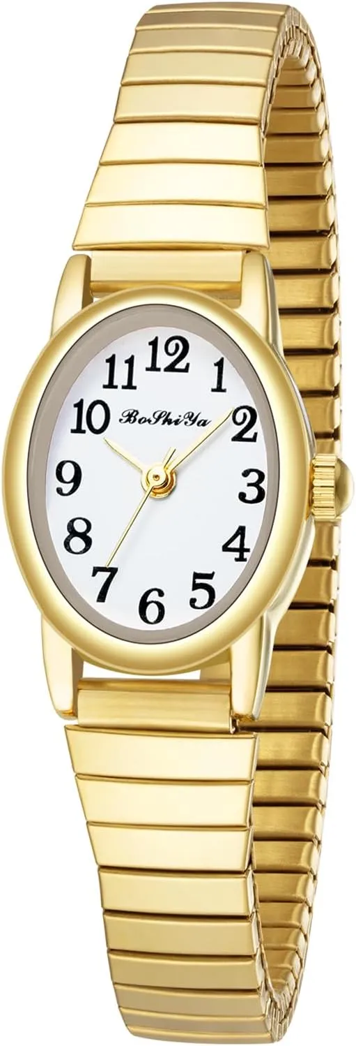 BOSHIYA Quartz Women's Easy Reader 23mm Stainless Steel Expansion Band Watchs for Small Wrist (Gold/Silver)