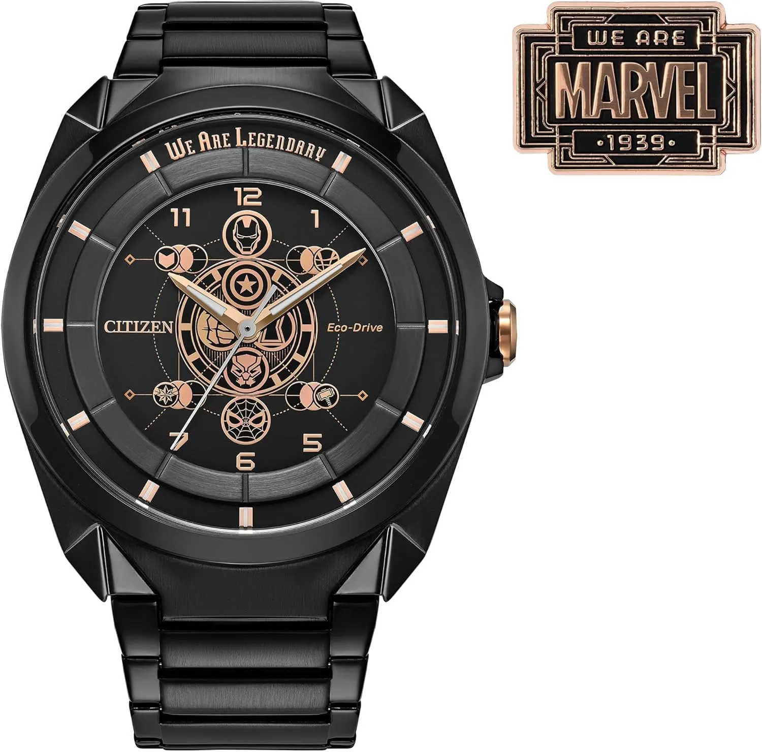 Citizen Men's Marvel Eco-Drive, Limited Edition Marvel Watch and Pin Boxed Set, Black Stainless Steel, 3 Hand, Black Dial (Model: AW2085-61W)