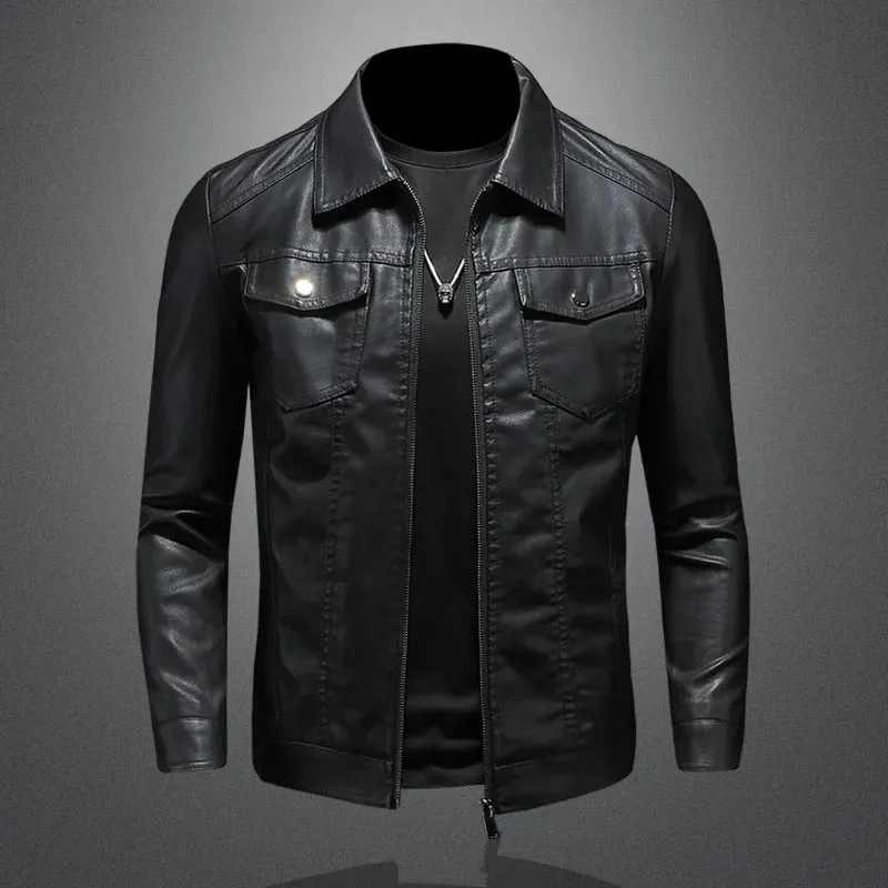 Classic Slim Fit Faux Leather Jacket With Zipper Closure