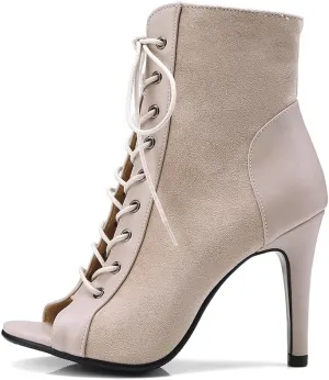 DKZSYIM Open Toe Dance Boots Women Latin Salsa Ballroom Lace-up Ankle Dance Shoes,Model DS-B53
