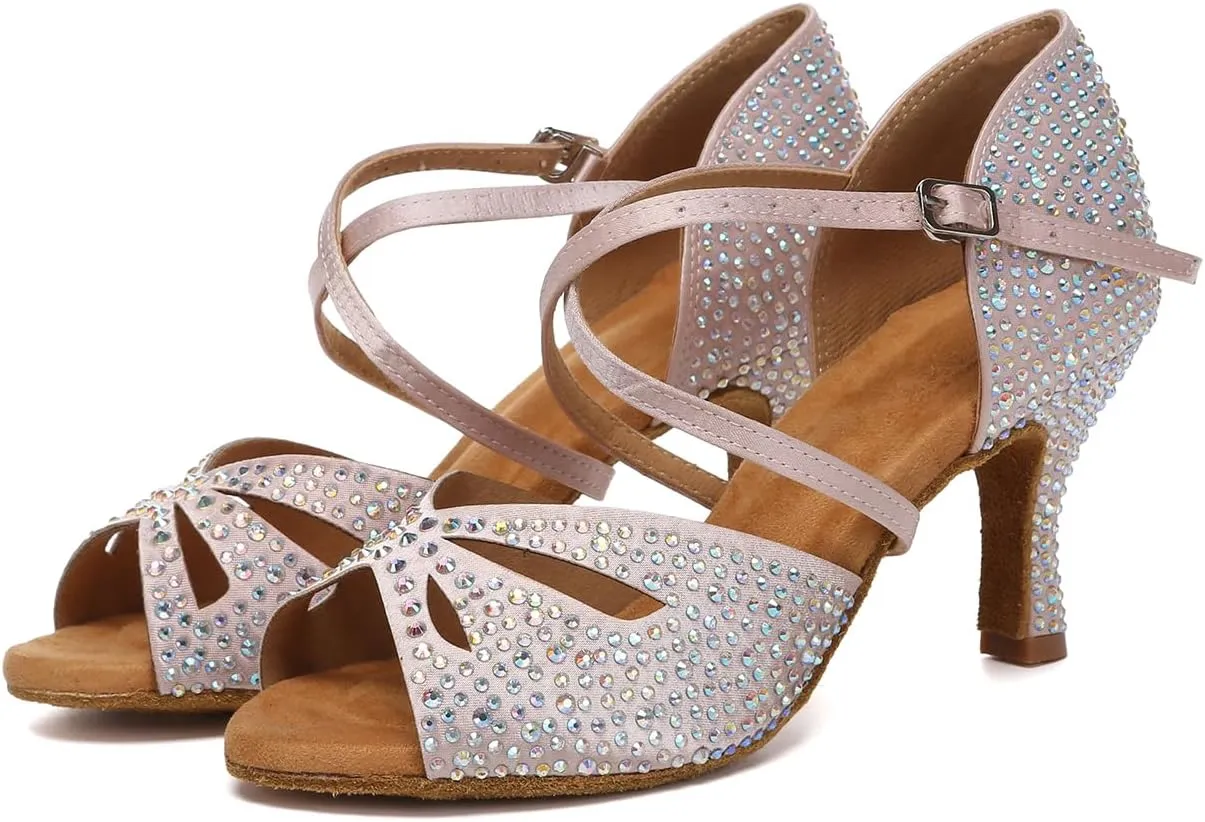 DKZSYIM Rhinestone Women Ballroom Latin Dance Shoes Salsa Tango Party Dance Shoes,Model YC-L642