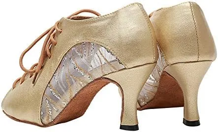 DKZSYIM Women's Peep Toe Practice/Performance Ballroom Dance Shoes Latin Shoes Suede Sole,Model QJW5006