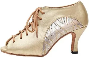 DKZSYIM Women's Peep Toe Practice/Performance Ballroom Dance Shoes Latin Shoes Suede Sole,Model QJW5006