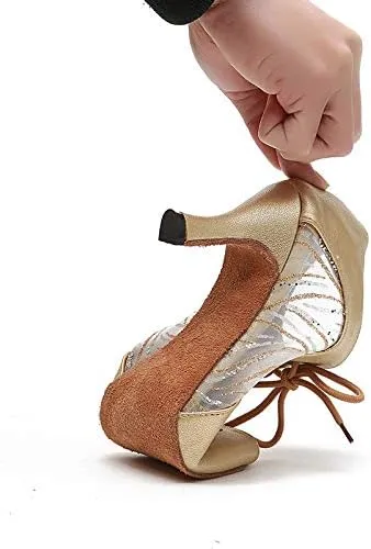 DKZSYIM Women's Peep Toe Practice/Performance Ballroom Dance Shoes Latin Shoes Suede Sole,Model QJW5006