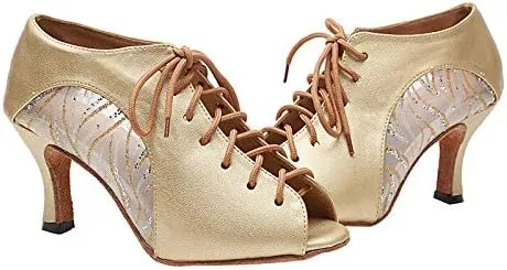 DKZSYIM Women's Peep Toe Practice/Performance Ballroom Dance Shoes Latin Shoes Suede Sole,Model QJW5006