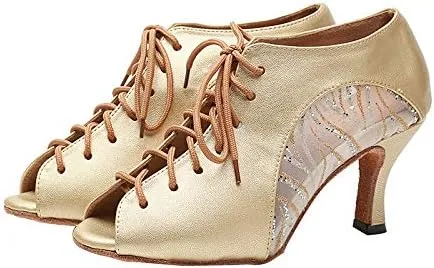 DKZSYIM Women's Peep Toe Practice/Performance Ballroom Dance Shoes Latin Shoes Suede Sole,Model QJW5006