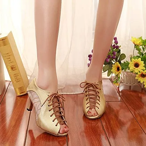 DKZSYIM Women's Peep Toe Practice/Performance Ballroom Dance Shoes Latin Shoes Suede Sole,Model QJW5006