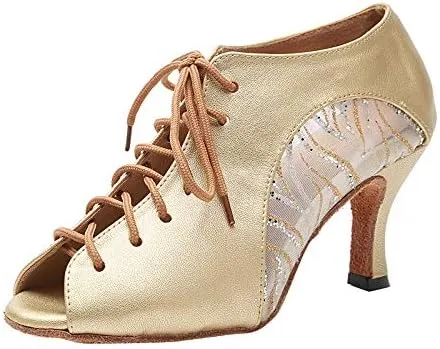 DKZSYIM Women's Peep Toe Practice/Performance Ballroom Dance Shoes Latin Shoes Suede Sole,Model QJW5006