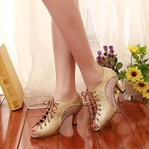 DKZSYIM Women's Peep Toe Practice/Performance Ballroom Dance Shoes Latin Shoes Suede Sole,Model QJW5006