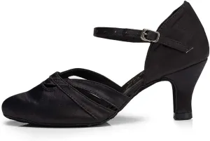 DKZSYIM Women's Satin Latin Dance Shoes Close Toe Ballroom Performance Dancing Shoes,Model QJW1003