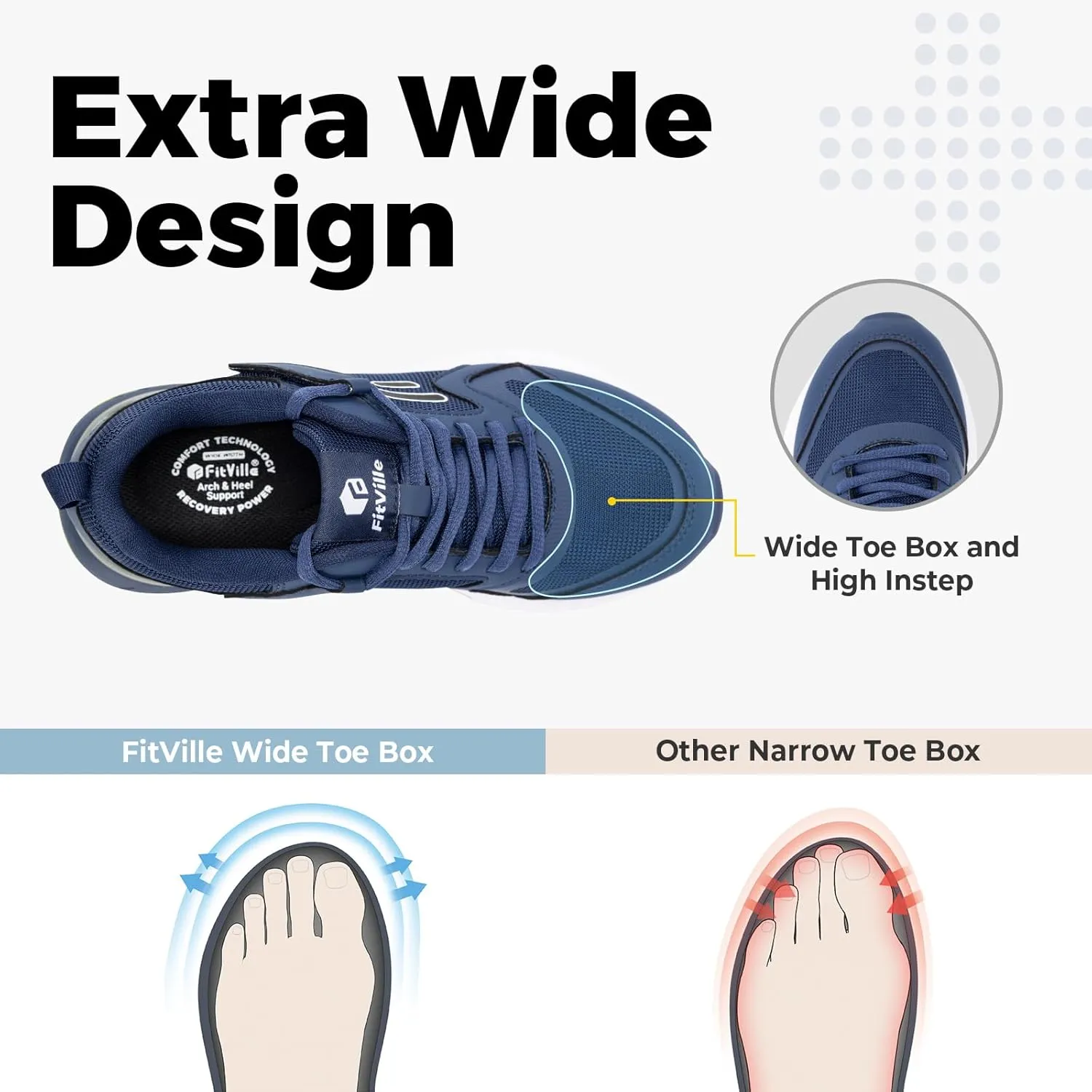 FitVille Women's Walking Shoes Wide Width Sneakers Comfort Diabetic Shoes Plantar Fasciitis Shoes for Flat Feet Heel Pain Relief - Rebound Core V7