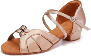 Girls Latin Dance Shoe Satin Salsa Ballroom Low Heel Practice Dance Shoes,Model WLLD28