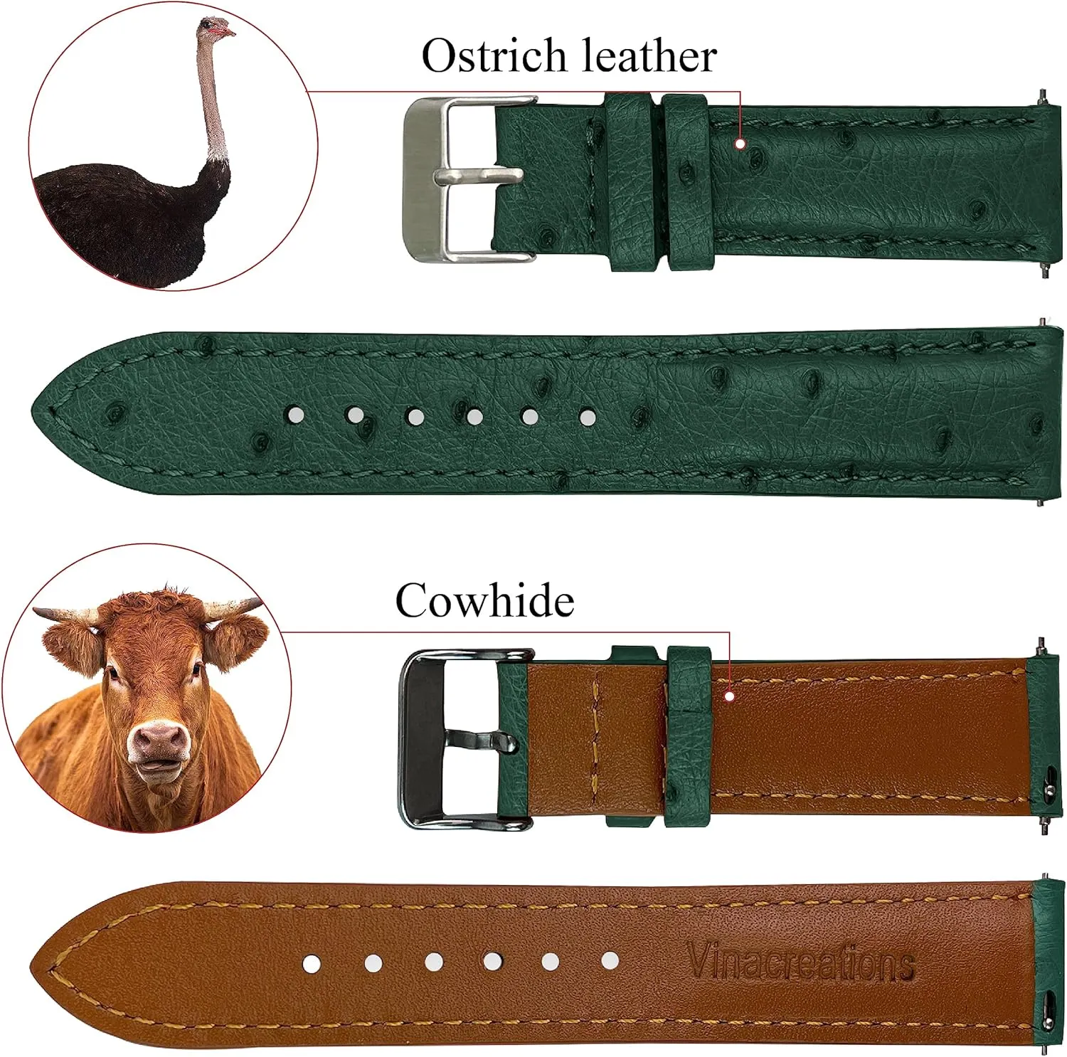 Green Genuine Ostrich Leather Watch Band Men Quick Release Exotic Strap Vintage Replacement Wristwatch Handmade DH-188-20MM, 20mm/18mm,(DH-188-20MM/18MM-A10-PH)