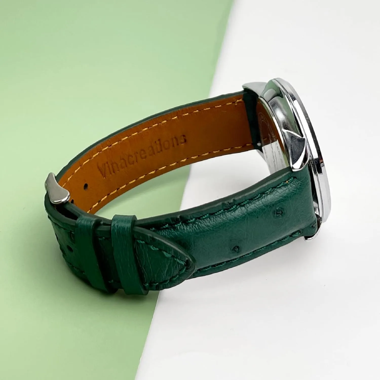 Green Genuine Ostrich Leather Watch Band Men Quick Release Exotic Strap Vintage Replacement Wristwatch Handmade DH-188-20MM, 20mm/18mm,(DH-188-20MM/18MM-A10-PH)