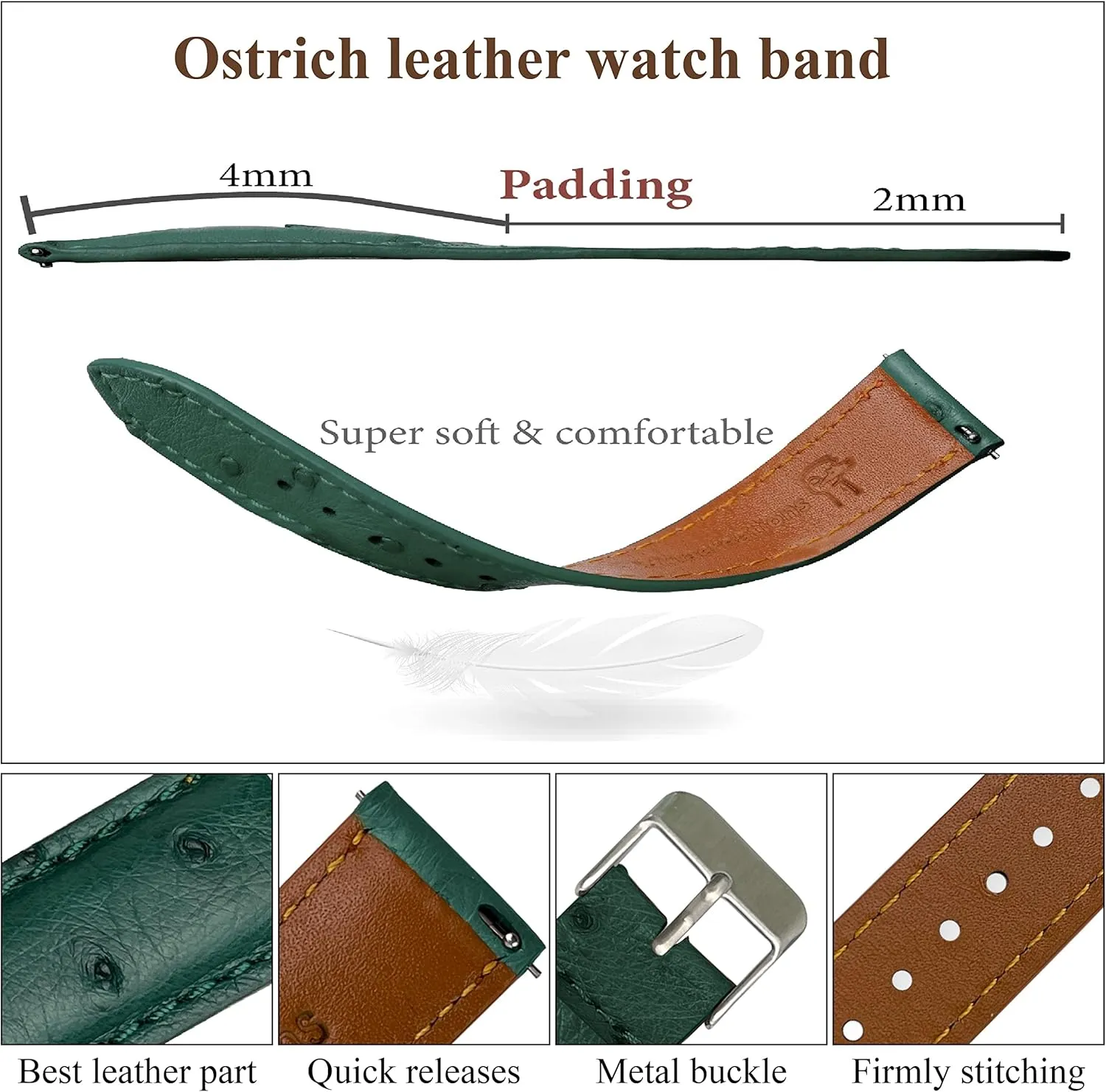 Green Genuine Ostrich Leather Watch Band Men Quick Release Exotic Strap Vintage Replacement Wristwatch Handmade DH-188-20MM, 20mm/18mm,(DH-188-20MM/18MM-A10-PH)