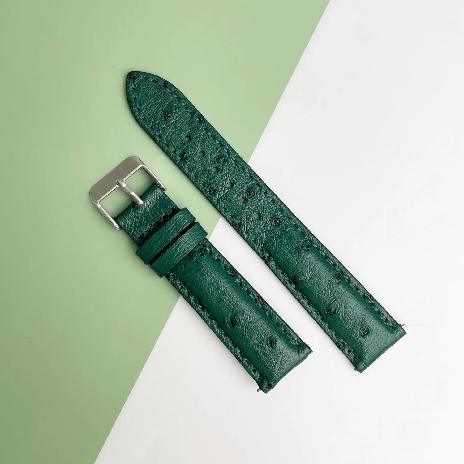 Green Genuine Ostrich Leather Watch Band Men Quick Release Exotic Strap Vintage Replacement Wristwatch Handmade DH-188-20MM, 20mm/18mm,(DH-188-20MM/18MM-A10-PH)