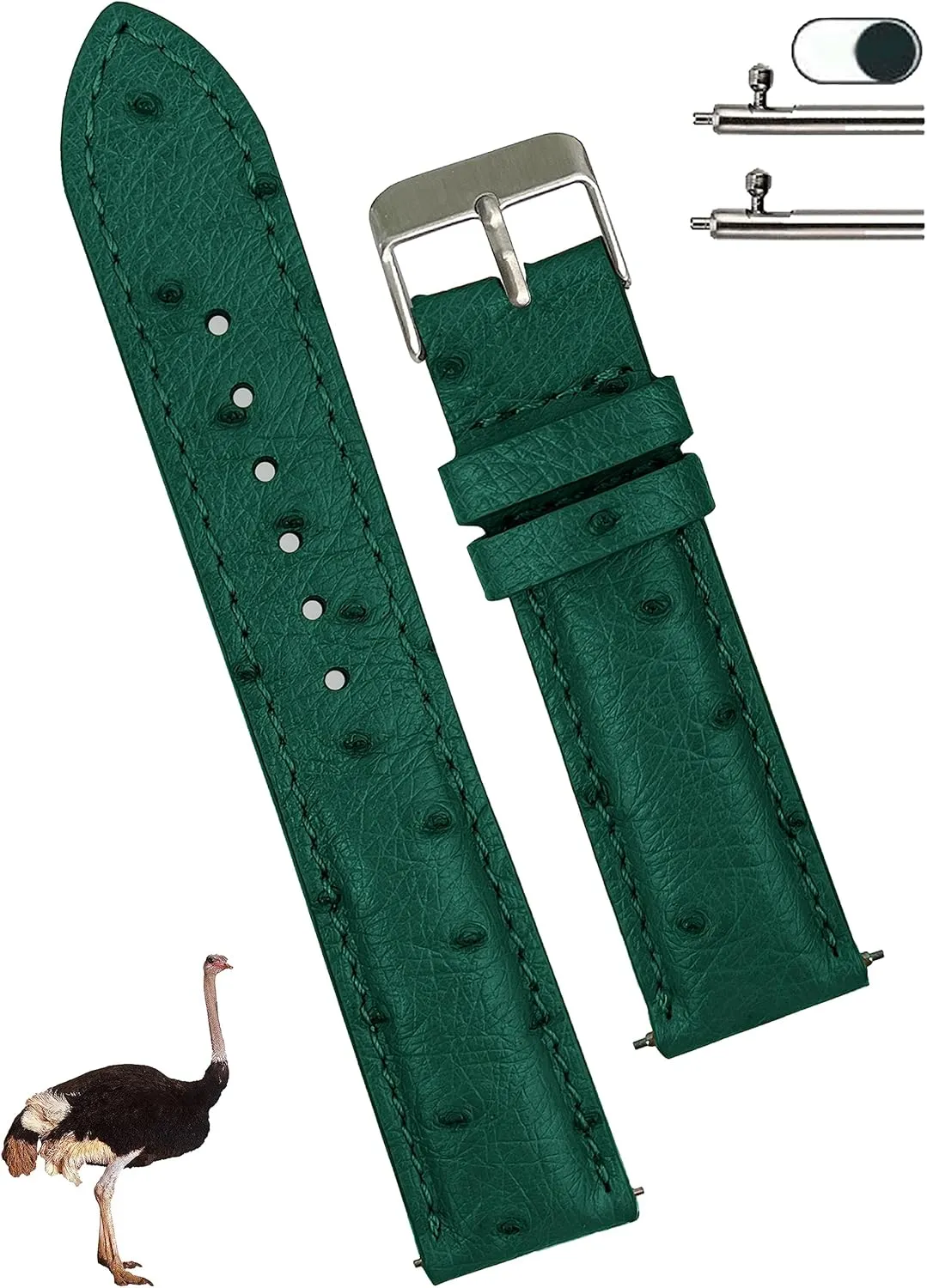 Green Genuine Ostrich Leather Watch Band Men Quick Release Exotic Strap Vintage Replacement Wristwatch Handmade DH-188-20MM, 20mm/18mm,(DH-188-20MM/18MM-A10-PH)
