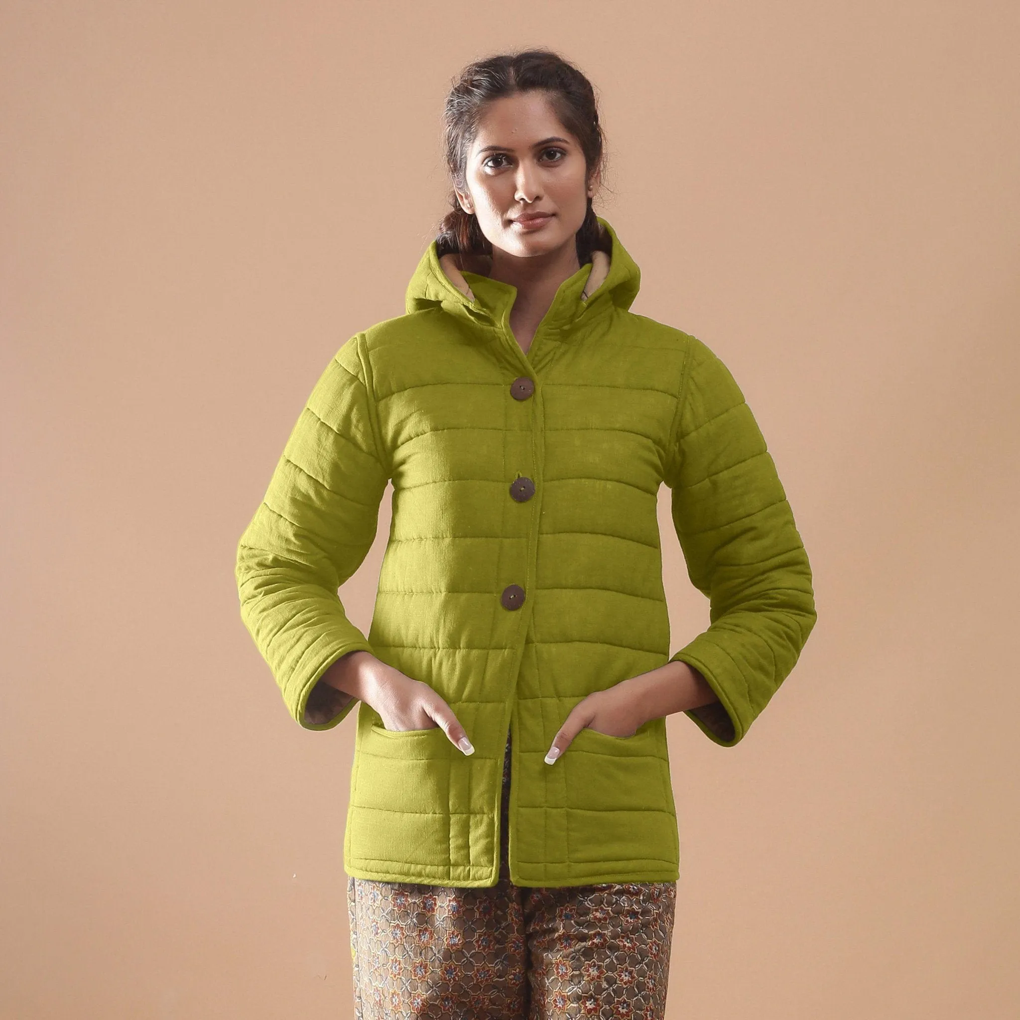 Green Reversible Detachable Quilted Cotton Hoodie Jacket