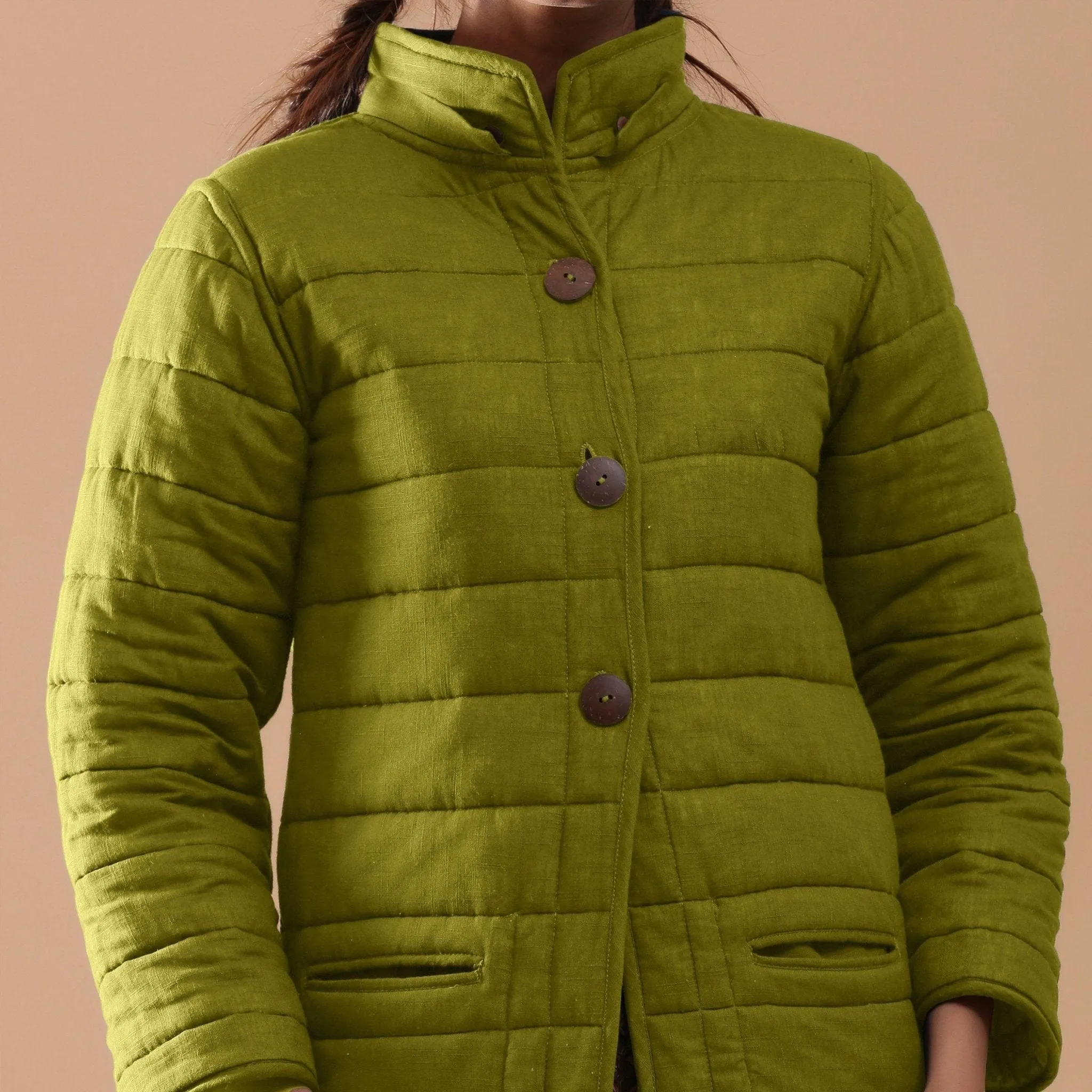 Green Reversible Detachable Quilted Cotton Hoodie Jacket