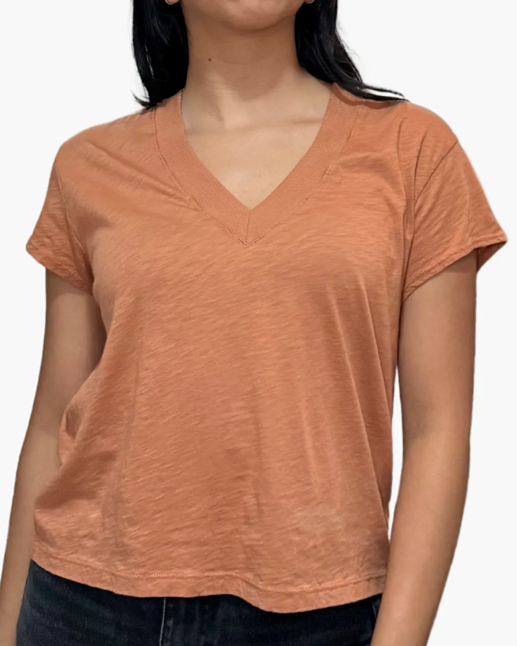 HARLAN CROPPED V-NECK TEE IN TERRA