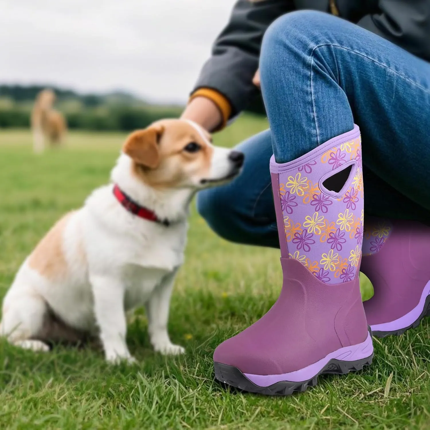 Hellorain Rain Boots for Women Mid Calf Rubber Boots Waterproof Neoprene Insulated Barn Boots for Girl Mud Working Gardening, Farming, Hiking Fishing Water Boots