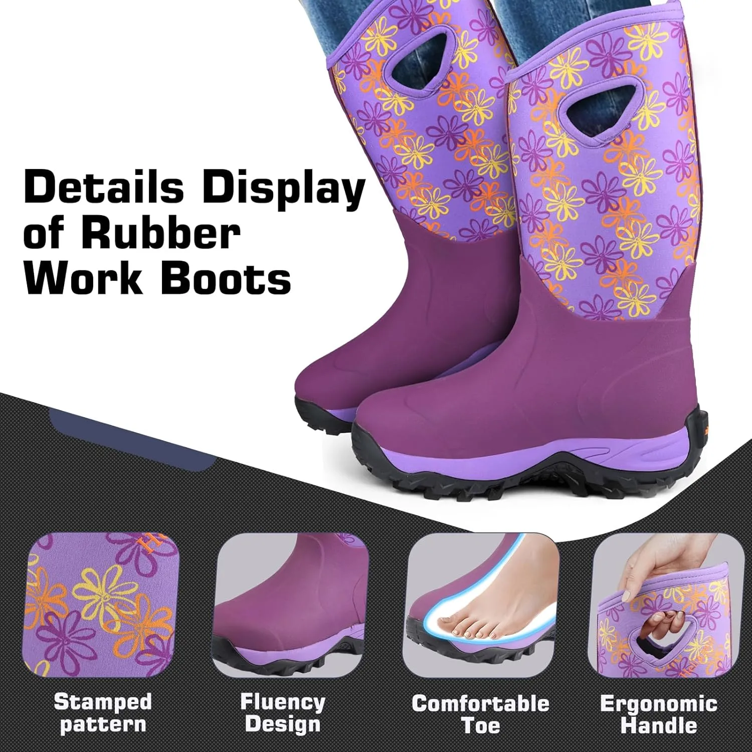 Hellorain Rain Boots for Women Mid Calf Rubber Boots Waterproof Neoprene Insulated Barn Boots for Girl Mud Working Gardening, Farming, Hiking Fishing Water Boots