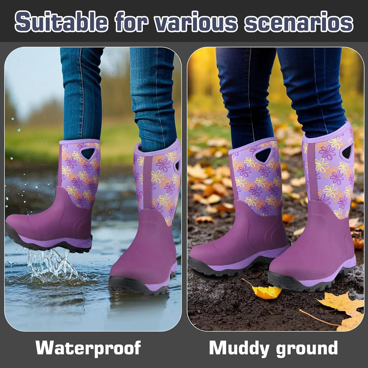 Hellorain Rain Boots for Women Mid Calf Rubber Boots Waterproof Neoprene Insulated Barn Boots for Girl Mud Working Gardening, Farming, Hiking Fishing Water Boots