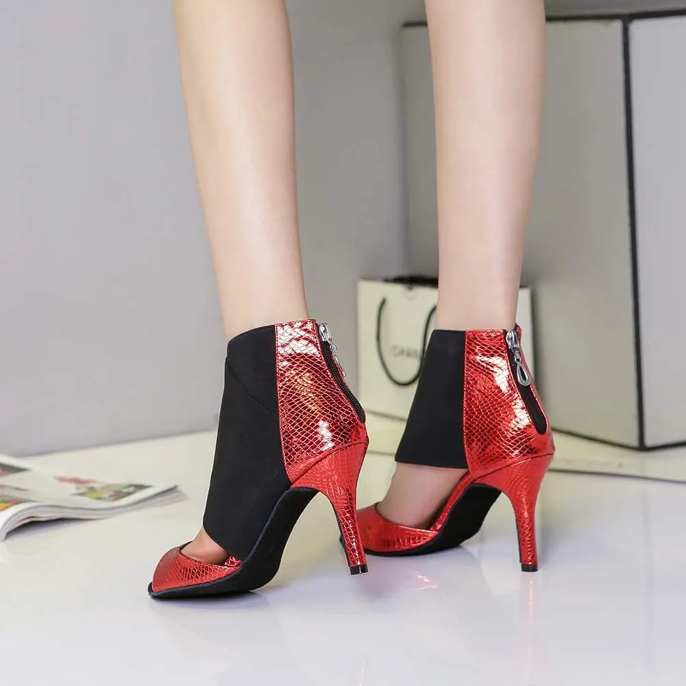 HIPPOSEUS Women's Red Latin Dance Shoes Zipper Ballroom Wedding Party Dancing Boots,Model L426