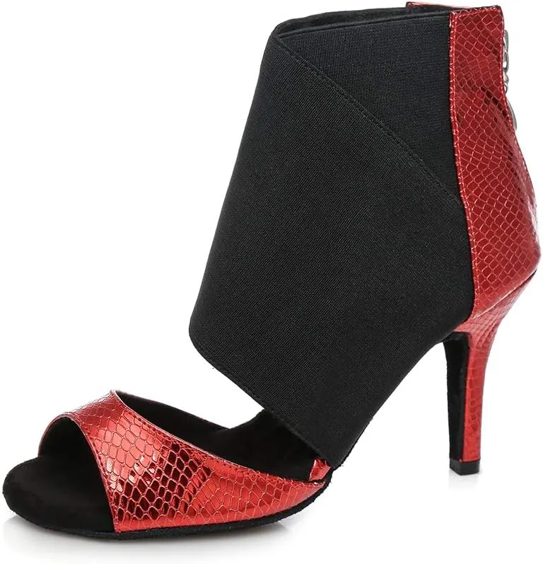 HIPPOSEUS Women's Red Latin Dance Shoes Zipper Ballroom Wedding Party Dancing Boots,Model L426