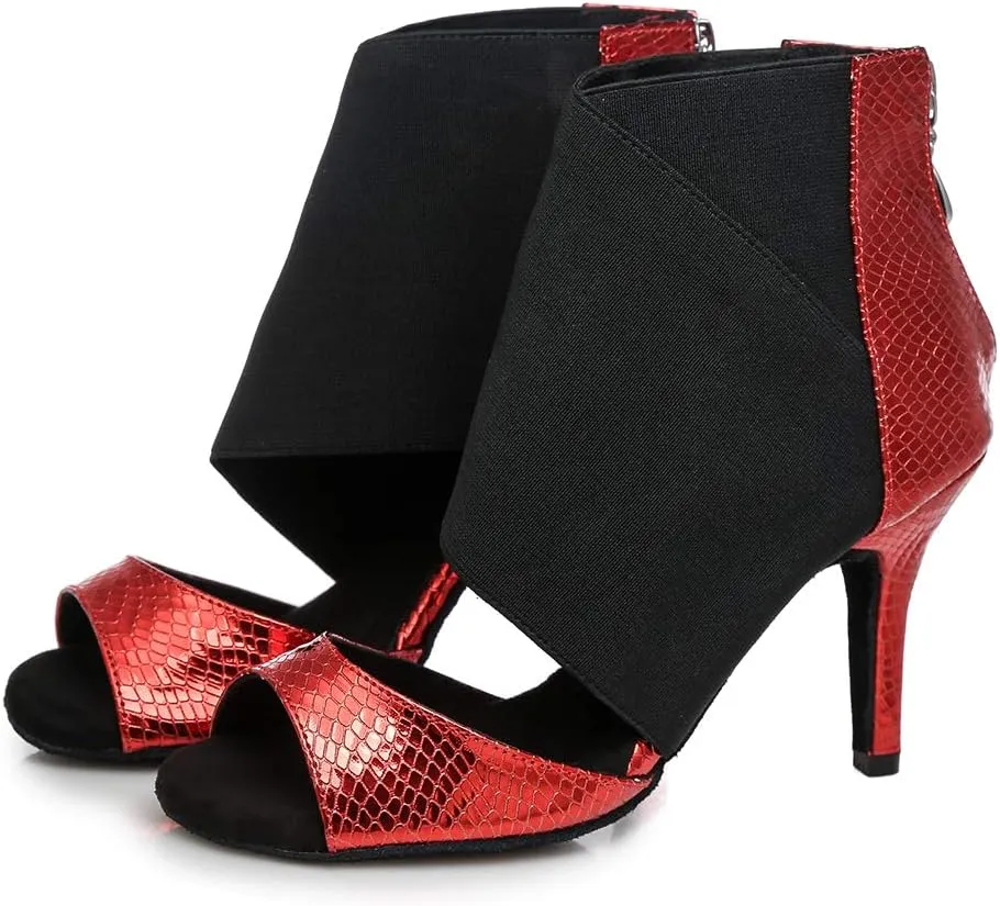 HIPPOSEUS Women's Red Latin Dance Shoes Zipper Ballroom Wedding Party Dancing Boots,Model L426