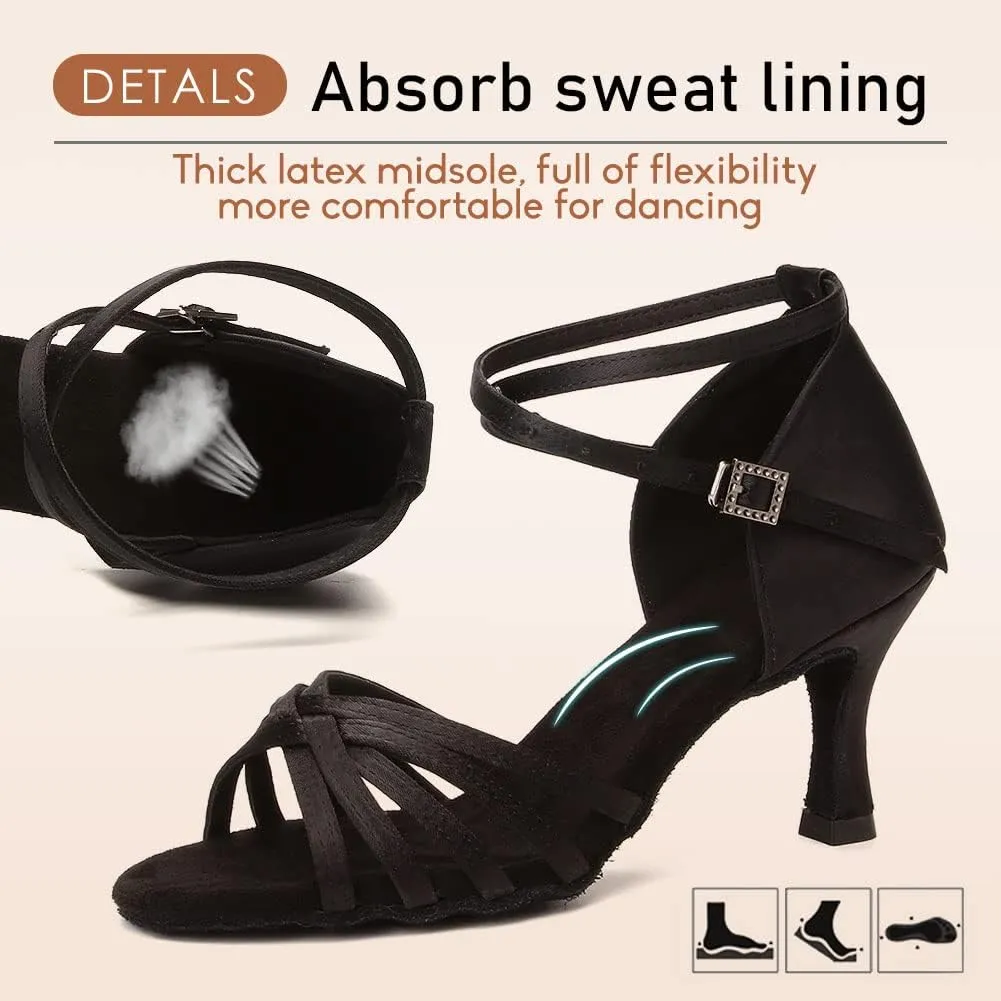HROYL Women's Latin Dance Shoes Satin Professional Ballroom Salsa Practice Performance Dance Shoes EM-213