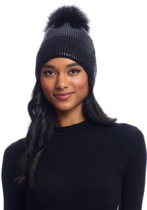 Metallic Knit Faux Fur Pom Hat
