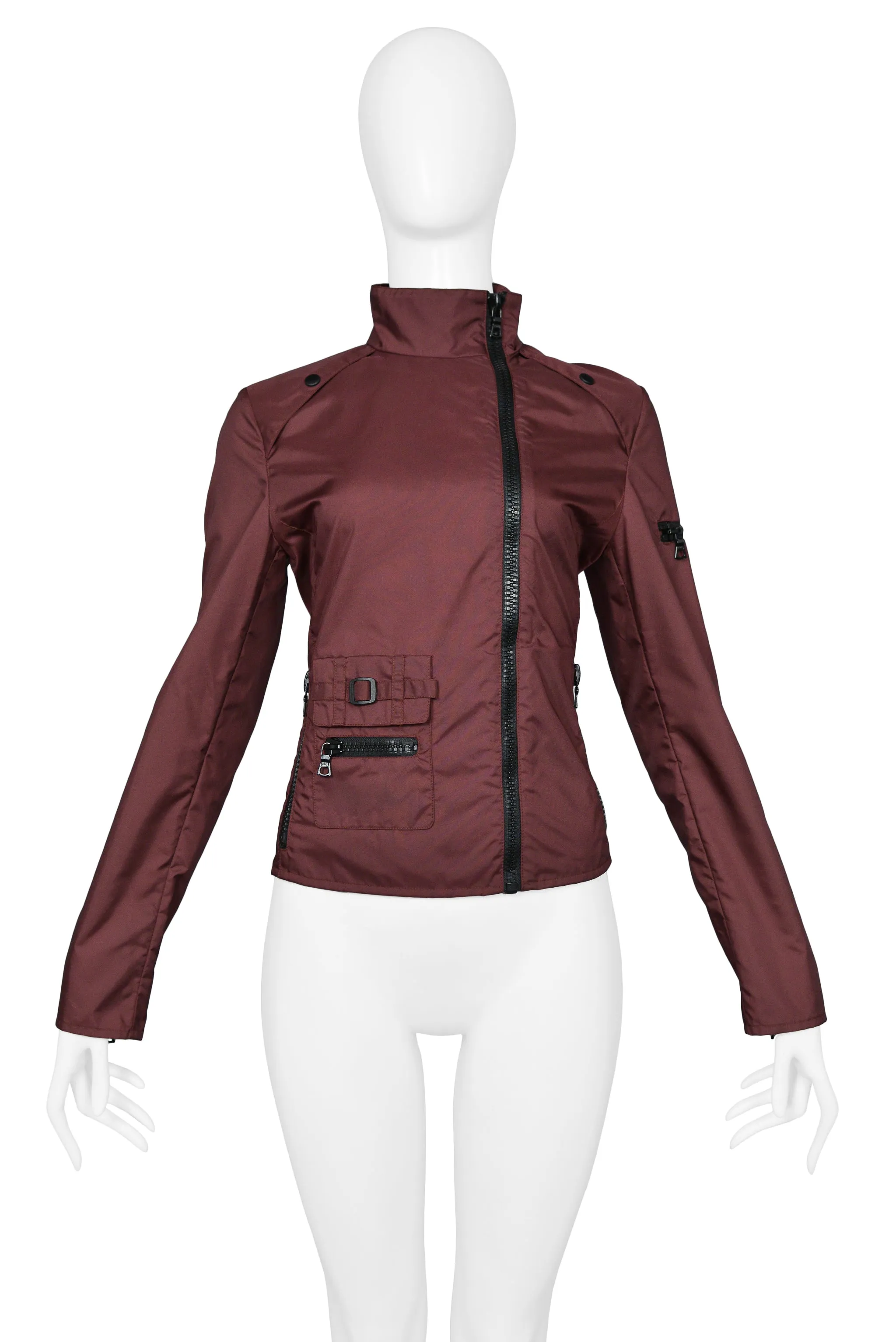 MIU MIU BURGUNDY ASYMMETRICAL ZIPPER JACKET 1999