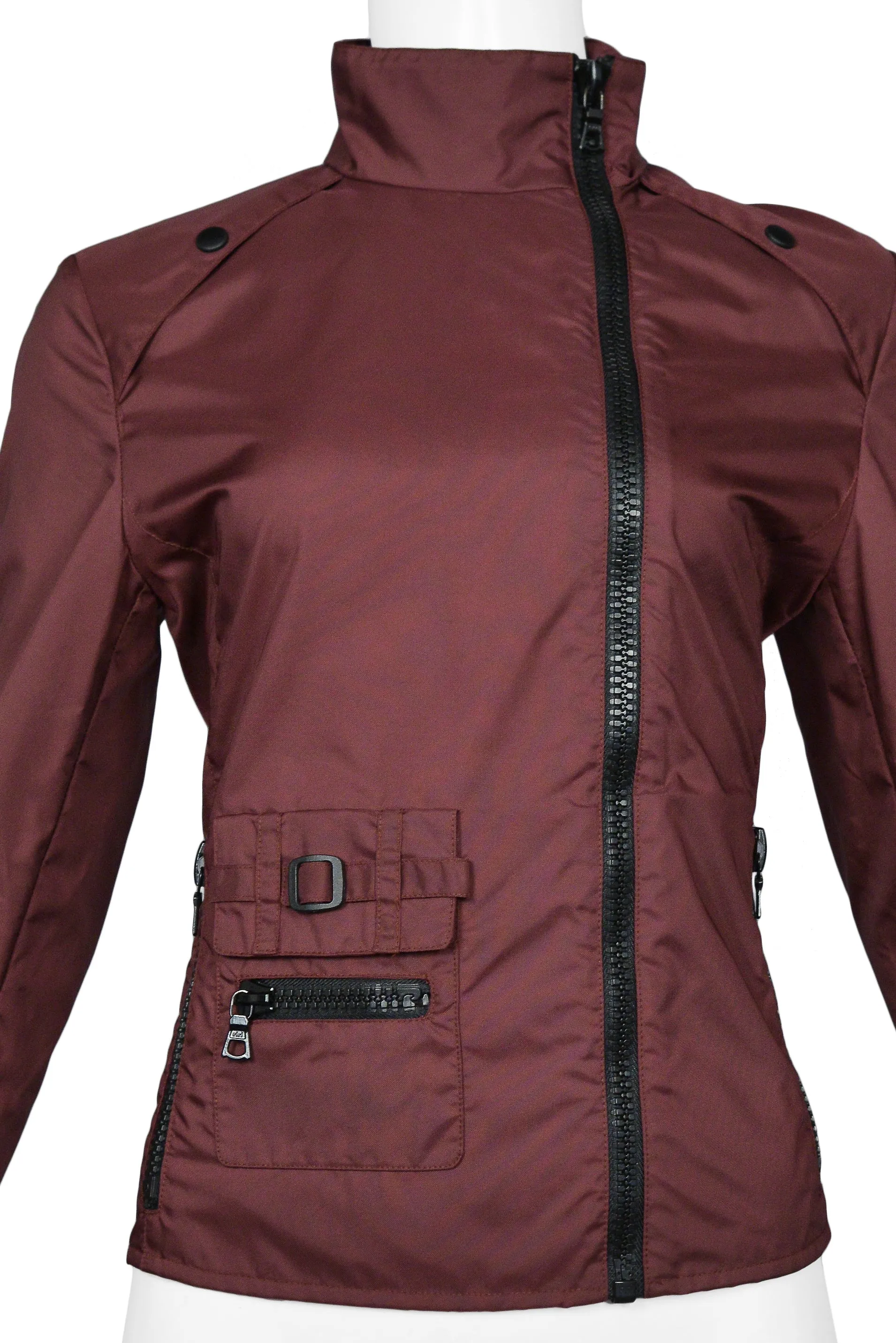 MIU MIU BURGUNDY ASYMMETRICAL ZIPPER JACKET 1999