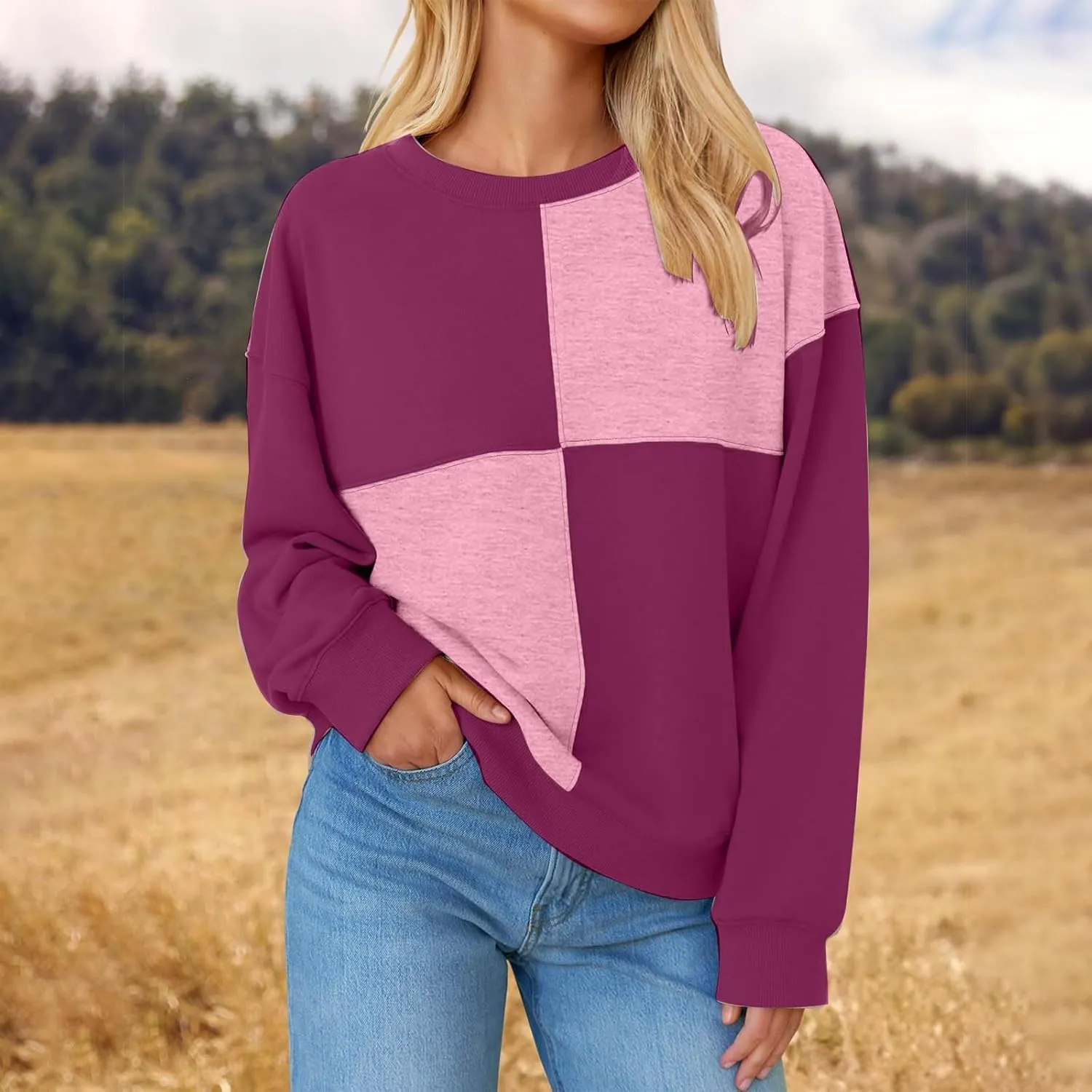 Oversized Sweatshirt For Women Cute Long Sleeve Creweck Color Block Pullover Tops Teen Girls Fall Fashion Outfits