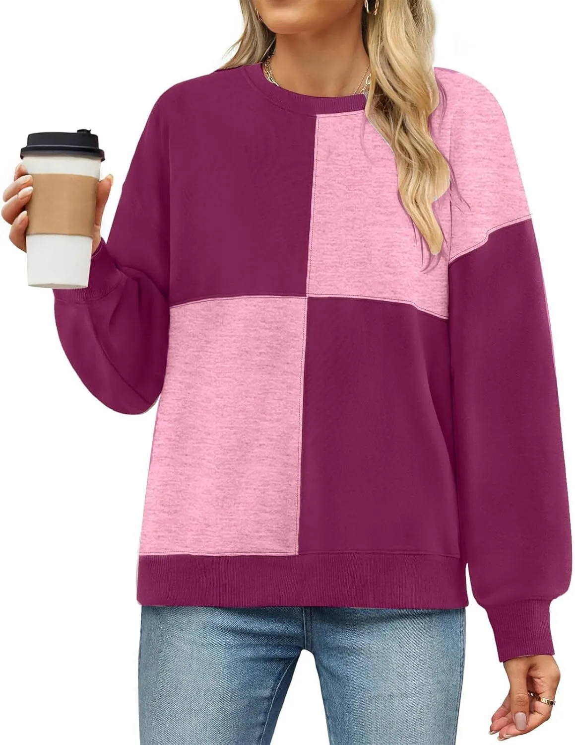 Oversized Sweatshirt For Women Cute Long Sleeve Creweck Color Block Pullover Tops Teen Girls Fall Fashion Outfits