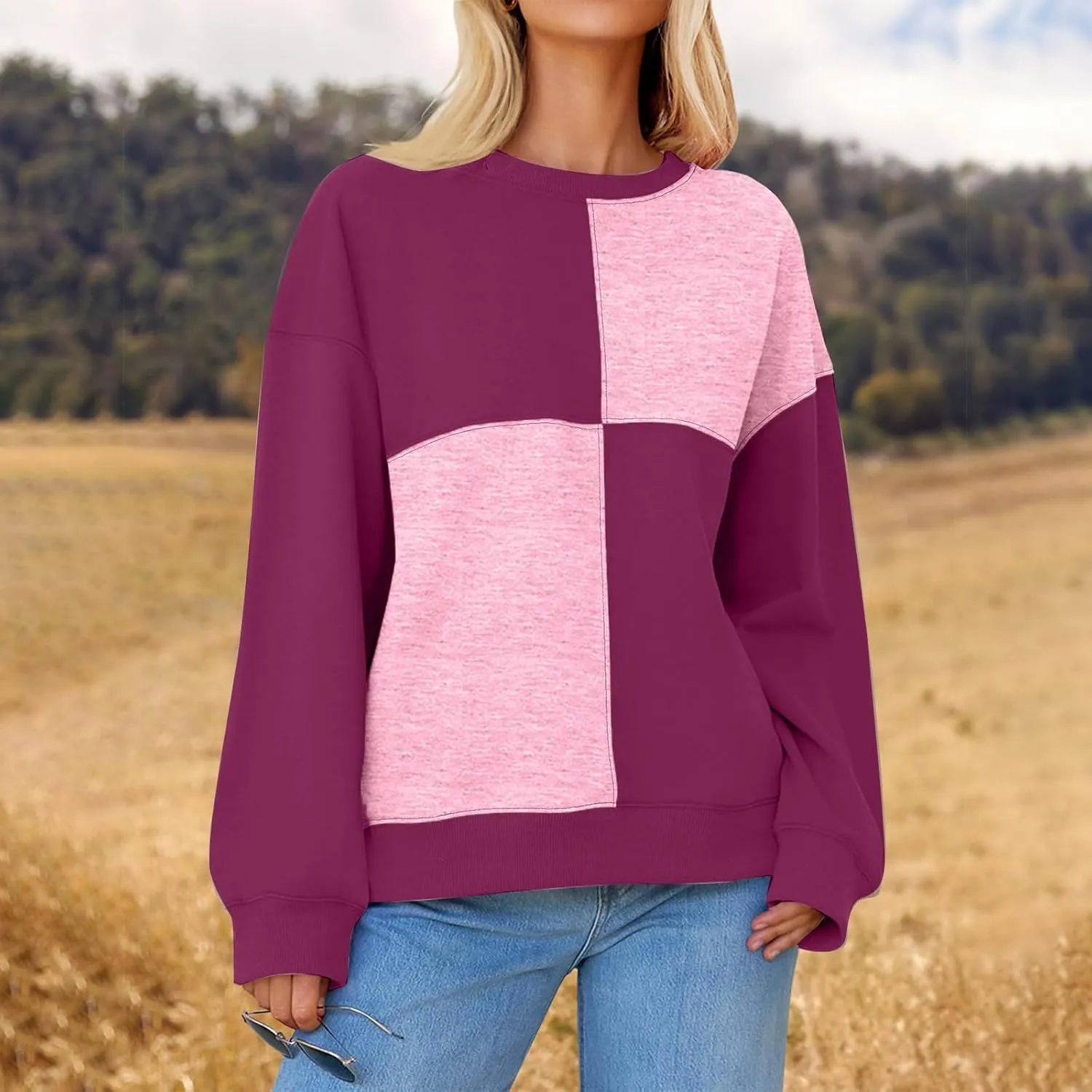 Oversized Sweatshirt For Women Cute Long Sleeve Creweck Color Block Pullover Tops Teen Girls Fall Fashion Outfits