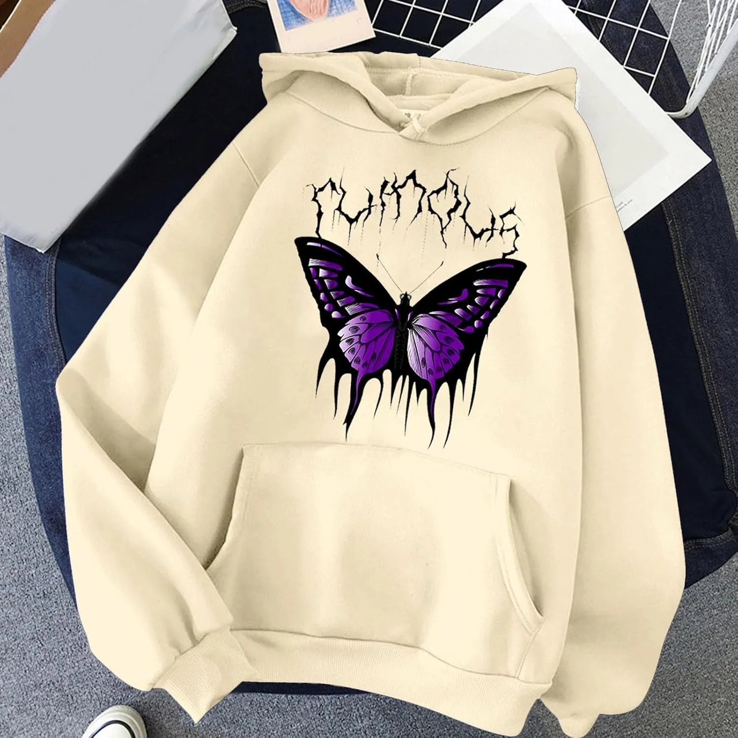 Oversized Sweatshirt For Womens Graphic Butterfly Print Fall Casual Hoodie Drawstring Sweatshirt Pullover With Pockets