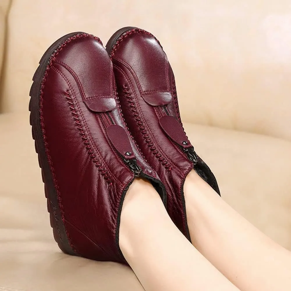 QINGCOMFACAI Womens Winter Shoes Retro Soft Leather Velvet Waterproof Warm Thicken Plush Snow Boots Anti-Slip Outdoors Flat Ankle Boots