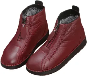 QINGCOMFACAI Womens Winter Shoes Retro Soft Leather Velvet Waterproof Warm Thicken Plush Snow Boots Anti-Slip Outdoors Flat Ankle Boots