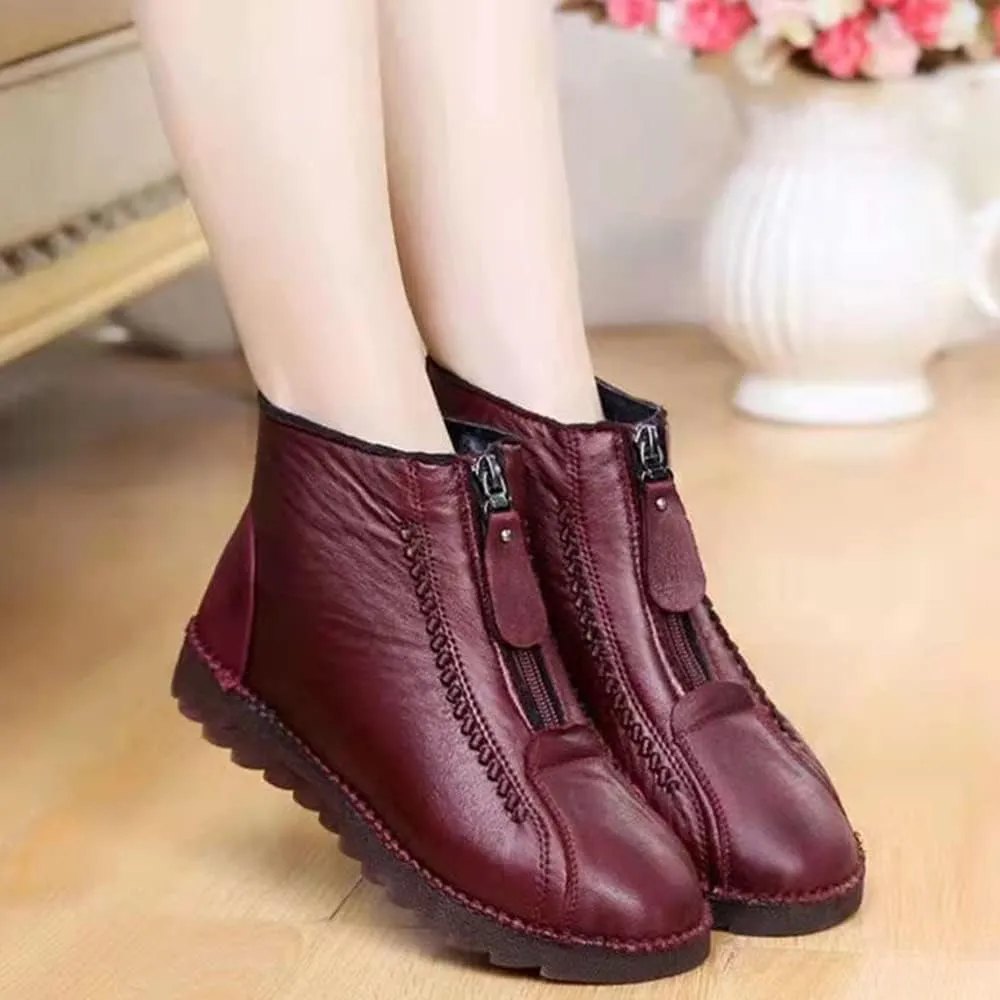 QINGCOMFACAI Womens Winter Shoes Retro Soft Leather Velvet Waterproof Warm Thicken Plush Snow Boots Anti-Slip Outdoors Flat Ankle Boots