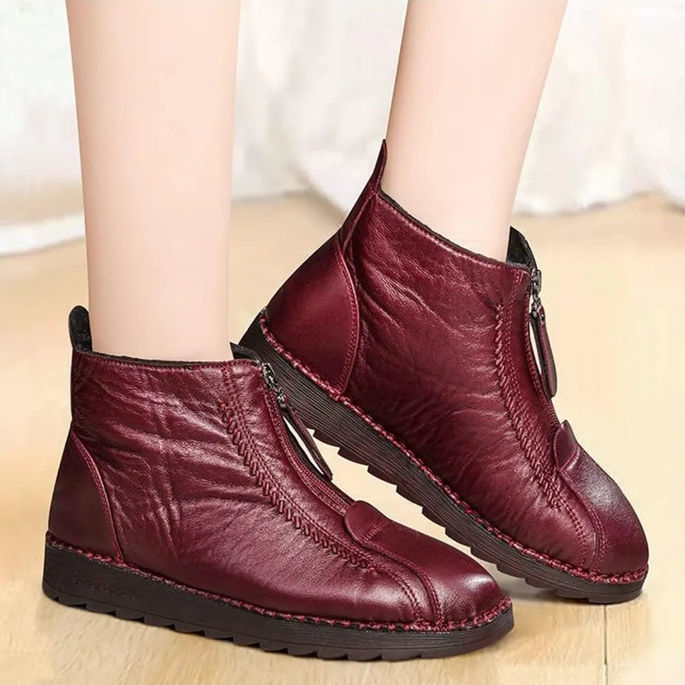 QINGCOMFACAI Womens Winter Shoes Retro Soft Leather Velvet Waterproof Warm Thicken Plush Snow Boots Anti-Slip Outdoors Flat Ankle Boots