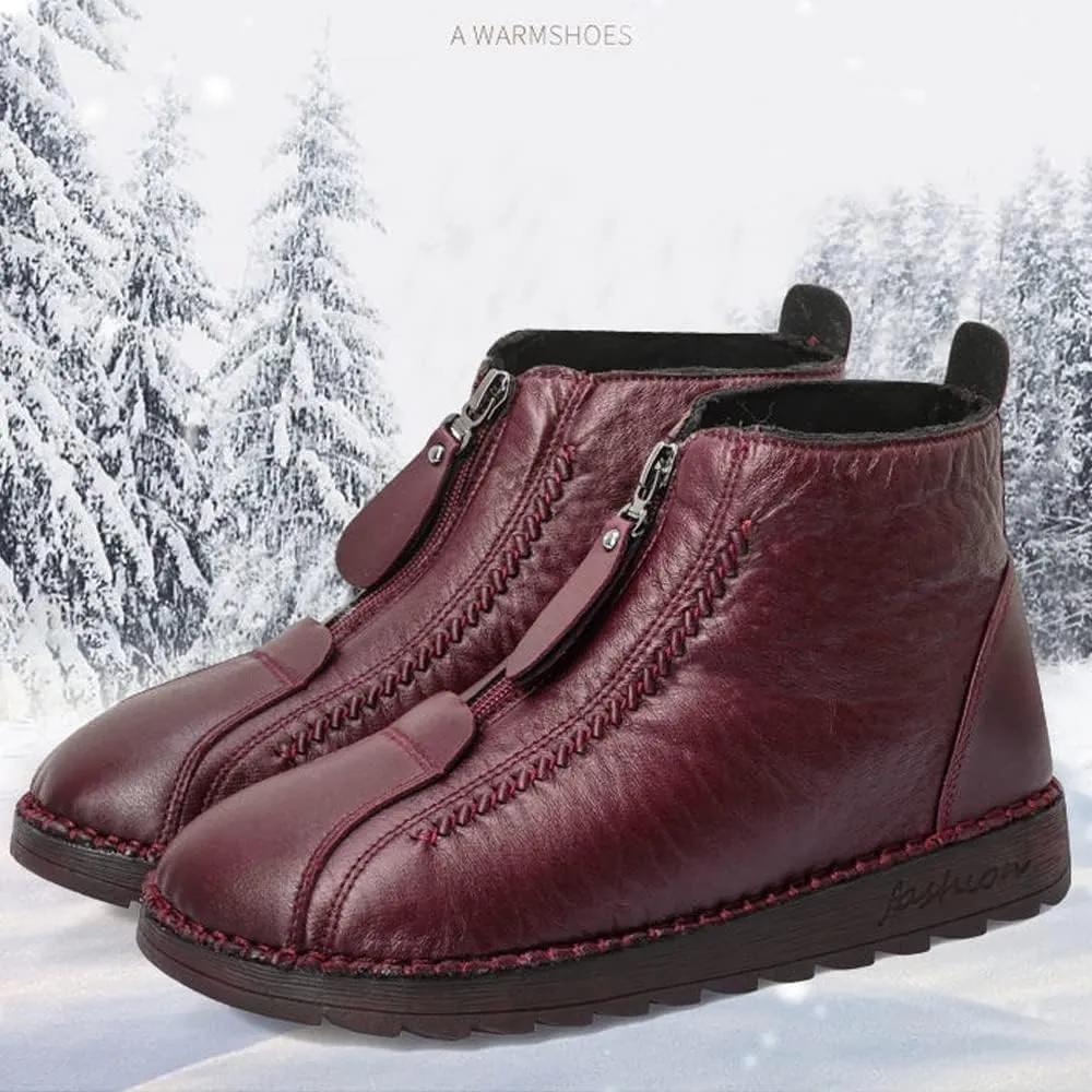 QINGCOMFACAI Womens Winter Shoes Retro Soft Leather Velvet Waterproof Warm Thicken Plush Snow Boots Anti-Slip Outdoors Flat Ankle Boots