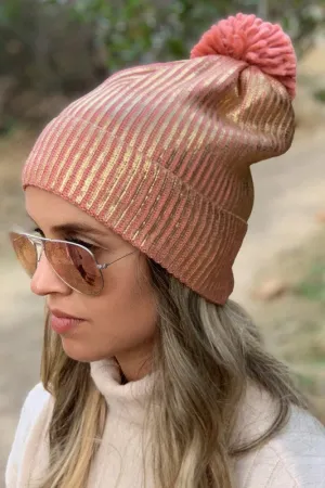 RIBBED METALLIC POM BEANIE