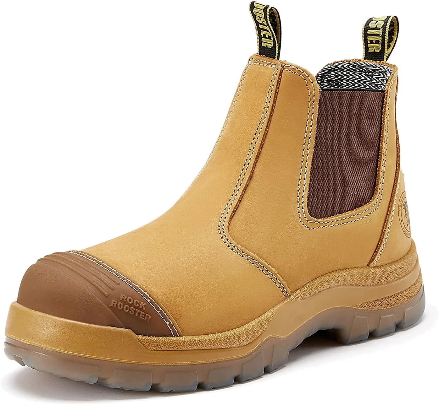 ROCKROOSTER Gammon Work Boots for Men, 6" Steel Toe Chelsea Boots, Wheat Safety Slip On Boots, Anti-fatigue, Nubuck Leather, Non slip, Breathable, Comfort, AK222
